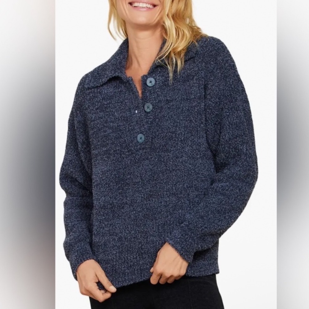 Barefoot Dreams CozyChic Blue Heathered Knit Henley Pullover Sweater size Medium